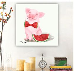 Cute Pink Baby Pig With Watermelon Canvas Print, Nursery Canvas Art, Baby Room Decor, Kids Room Wall Art, Watercolor Pig