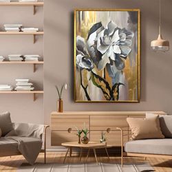 Gray Abstract Flower Canvas Wall Art , Gold Flower Canvas Painting , Framed Flower Canvas Home Decor , Modern Home Decor