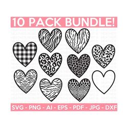 Heart SVG Bundle, Patterned Heart SVG, Animal Skin Patterns svg, Hand-drawn Heart svg, Valentine Heart svg, Cut Files Cricut, Silhouette