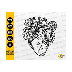 Floral Anatomical Heart SVG | Cardiology SVG | Love Tattoo Decals T-Shirt Design | Cricut Silhouette Clip Art Vector Digital Dxf Png Eps Ai