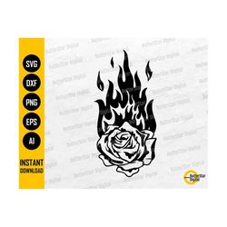 Flaming Rose SVG | Cute Flower Traditional Tattoo Decals T-Shirt Sticker Stencil | Cricut Silhouette Clip Art Vector Digital Dxf Png Eps Ai