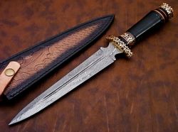 CUSTOM HAND FORGED DAMASCUS STEEL HUNTING DAGGER KNIFE WITH HORN & BRASS HANDLE