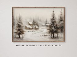 PRINTABLE Winter Country Farmhouse Print, Vintage Snowy Haven Pine Trees Wall Art, Neutral Rustic Christmas Landscape Di