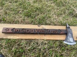 Handmade Carbon Steel Outdoor Viking Axe "In GOD We Trust" Engraved Walnut Wood