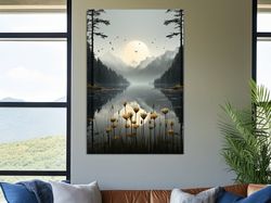 Flowers on the misty alpine lake shore, photographic illustration ,Canvas wrapped on pine frame