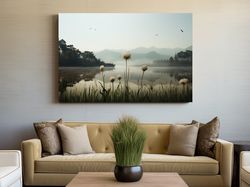 Photographic art dandelions on the lake ,Canvas wrapped on pine frame