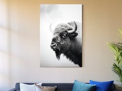Photographic art, black and white photo of a bison in winter ,Canvas wrapped on pine frame