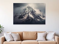 Photographic art, ominous snowy mountain in the clouds ,Canvas wrapped on pine frame