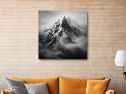 Photographic art, ominous snowy peaks in the clouds ,Canvas wrapped on pine frame