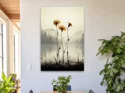 Photographic illustration, flowers on the misty lake shore ,Canvas wrapped on pine frame
