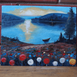 Oil painting on canvas - calming and relaxing sunset on lake landscape with flowers artwork palette knife 8" x 10"
