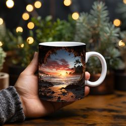 Tropical Beach Sunset through a Cave 3D Landscape Mug,  Coastal 11oz  15oz Coffee Cups