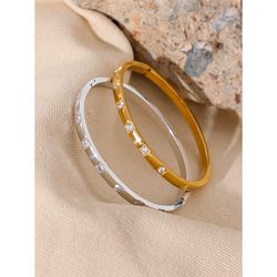 18K Gold-Plated Waterproof Stainless Steel Bangle Bracelet with Cubic Zirconia - Stylish Charm Jewelry for Women