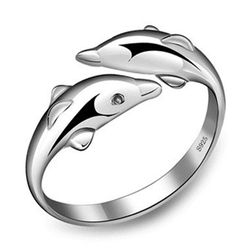 Silver Double Dolphin Love Rings: Adjustable Party Gift for Women - VRS2196