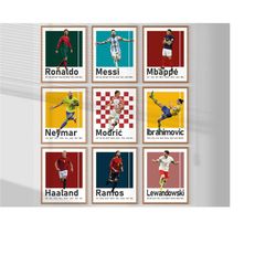 9 Soccer Players Posters Bundle, Printable Football Prints, Ronaldo, Messi, Ibrahimovic, Mbappe, Haaland, Lewandowski, N