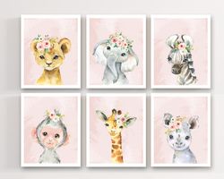 Girls nursery decor - Pink safari animal prints - Baby animal prints - Baby girl nursery wall art - Girl safari nursery