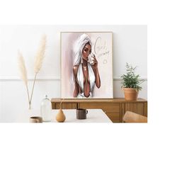 Woman Drinking Coffee Canvas, Glitter Woman Painting, Popular Woman Canvas Print, Girl Wall Art With Fashion Glitter Tex