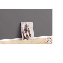 Woman drinking coffee canvas, glitter woman painting, popular woman canvas print, girl wall art with fashion glitter tex