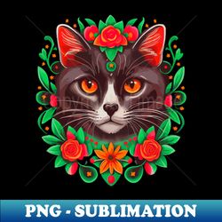 Mexican Floral Black Cat - Instant PNG Sublimation Download - Add a Festive Touch to Every Day