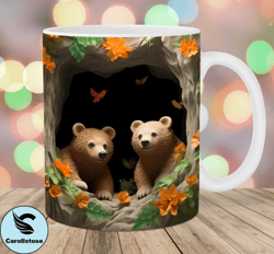3D Bears Hole In A Wall Mug Wrap, 11oz  15oz Mug Template, Mug Sublimation Design, Flowers Mug Wrap Template, Instant Di