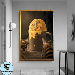 bees canvas wall art, honeycomb in glass canvas wall art, bees flying into honeycomb canvas wall art