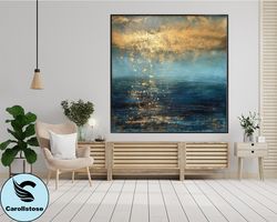 Original Large Blue Ocean Oil Painting On Canvas,Acrylic Seascape Wall Art,Modern Beach For Living, Gold Plated Sunset,