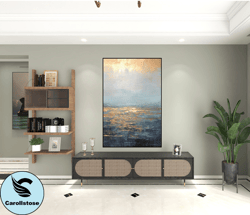 Original Large Blue Ocean Oil Painting On Canvas,Acrylic Seascape Wall Art,Modern Beach For Living,Gold Plated Sunset,W