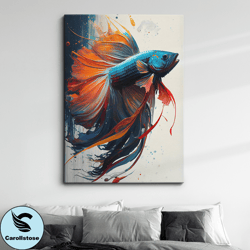 Betta Fighting Fish Aquarium Swimming Painting Splatter Wall Art Framed Canvas Poster Print, HomeOffice Room Decor Gifts