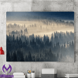 Fog Mountain Coniferous Cotton Canvas Art Forest Prints, Fog Forest Landscape Prints, Forest Wall Art,foggy Forest, Larg