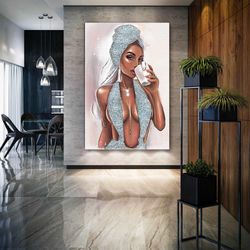 Sexy Woman Wall Art, Coffee Canvas Art, Gift For Her, Roll Up Canvas, Stretched Canvas Art, Framed Wall Art Painting