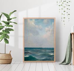 Vintage Seascape Coastal Nautical Printed Painting Muted Wall Art Antique Moody Decor Canvas Framed Ocean Waves Sea Wate