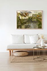 Vintage European Countryside Farmhouse Summer Landscape Painting Old Houses Retro Wall Art Decor Canvas Framed Printed P