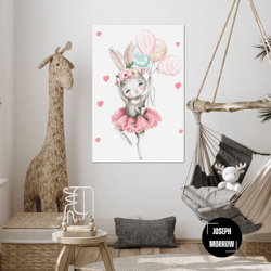 Pink Balloon Wall Art, Ballerina Bunny Canvas Art, Kids Room Wall Decor, Roll Up Canvas, Stretched Canvas Art, Framed Wa