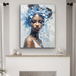 Beautiful Blue  Stretched Canvas Wall Art  Black Woman Wall Art  Blue Textured Brush Art  African American Art