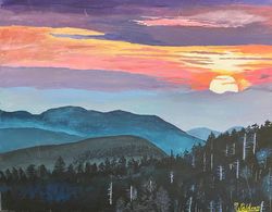 Original 20X16 in landscape painting, Acrylic landscape painting, Scenery of sunset, mountains, and trees, 16X20 Inches