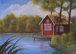 Lakeside Cottage - acrylic landscape painting on 16x12 canvas