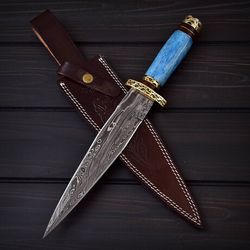 Custom Handmade Damascus Steel Bone Handle Hunting Dagger Knife with Leather Sheath