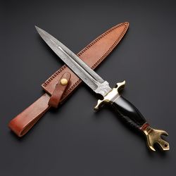 Custom Handmade Damascus Steel Fancy Hunting Dagger Knife with Leather Sheath