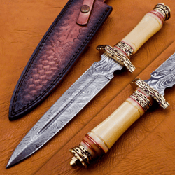 Custom Handmade Damascus Steel Hunting Dagger Knife With Bone and Brass Handle Leather Sheath