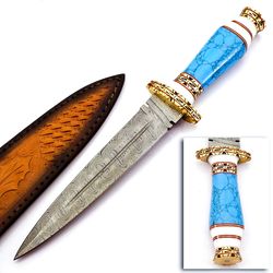Custom Handmade Damascus Steel Hunting Dagger Knife With Turquoise Stone & Sheath