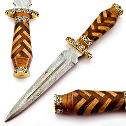 Custom Handmade Damascus Steel Wood Brass Handle Hunting Dagger Knife with Leather Sheath