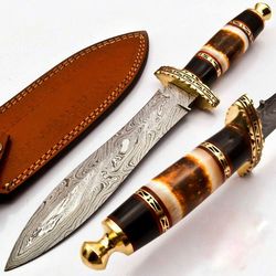 Beautiful Custom Handmade Damascus Hunting Dagger Knife - Bone Handle & Sheath
