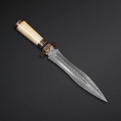 Custom Handmade Damascus Steel Camel Bone Handle Hunting Dagger Knife with Leather Sheath