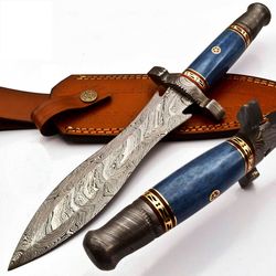 Beautiful Custom Handmade Damascus Steel Blue Bone Handle Hunting Dagger Knife, Knife, Knives, Custom Knife
