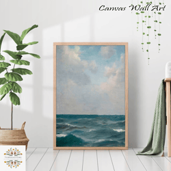 Vintage Seascape Coastal Nautical Printed Painting Muted Wall Art Antique Moody Decor Canvas Framed Ocean Waves Sea Wate