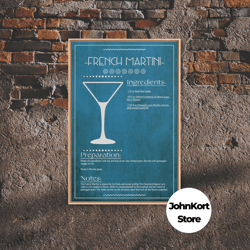 French Martini Recipe - Bar Cart Art - Bar Decor - Framed Canvas Print - Blueprint Art - Patent Art - Home Bar Decor - B