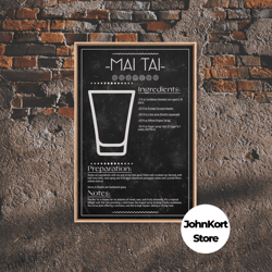 Mai Tai Cocktail - Bar Cart Art - Bar Decor - Framed Canvas Print - Blueprint Art - Patent Art - Home Bar Decor - Bar Ar