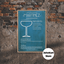Martinez Recipe - Bar Cart Art - Bar Decor - Framed Canvas Print - Blueprint Art - Patent Art - Home Bar Decor - Bar Art