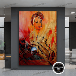 Decorative Wall Art, Woman And Wine Glass Canvas Art, Abstract Woman Canvas Print, Warm Colors Wall Art, Wine Glasses Ar