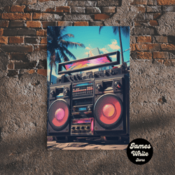 Framed Canvas Ready To Hang, Vintage Boombox Canvas Print, 80s Vaporwave Aesthetic Wall Art, Boombox Print, Cd Boombox A